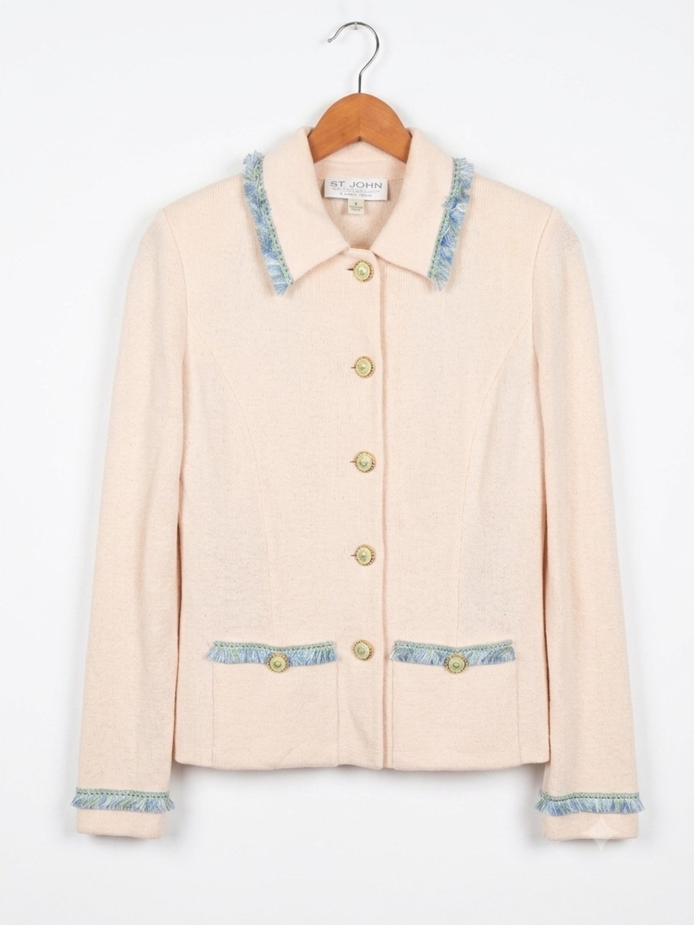 St. John Cream Blue Fringe Trim Blazer Jacket Size 6